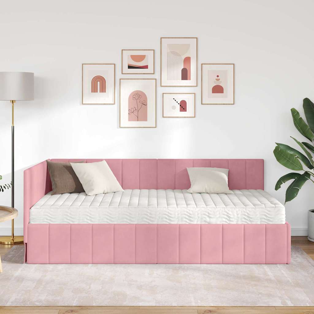 Hjørnesengramme Med Madras Lyserød 100 X 200 Cm Fløjl - Billede 4