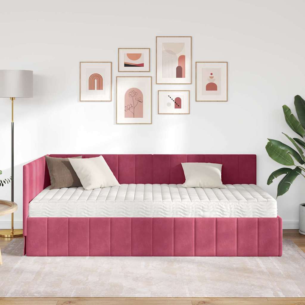 Hjørnesengramme Med Madras Vinrød 100 X 200 Cm Fløjl - Billede 4