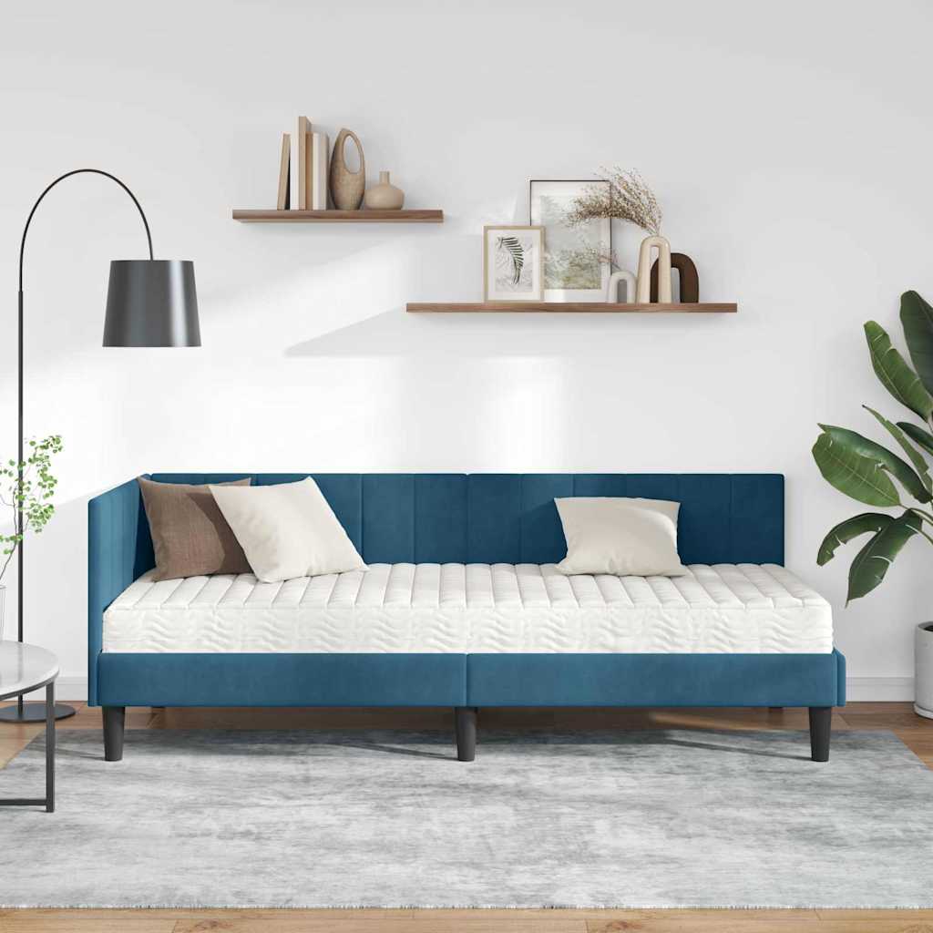 Hjørnesengramme Med Madras Med Hovedgærde Blå 80 X 200 Cm Fløjl - Billede 4