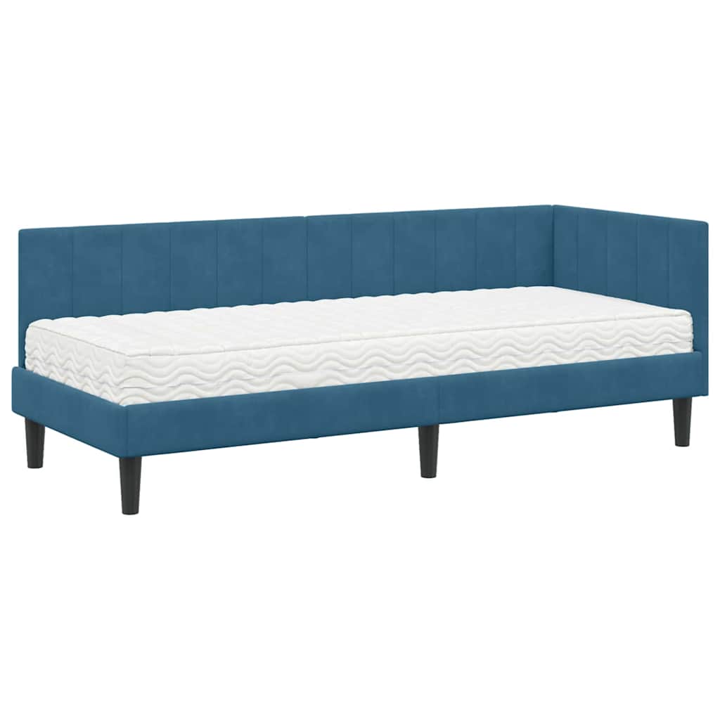 Hjørnesengramme Med Madras Med Hovedgærde Blå 80 X 200 Cm Fløjl - Billede 2