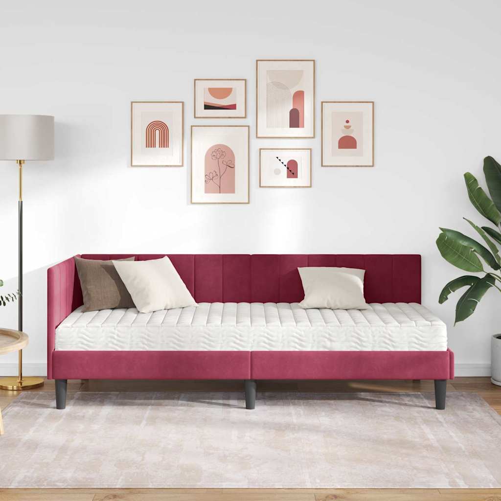 Hjørnesengramme Med Madras Vinrød 80 X 200 Cm Fløjl - Billede 4