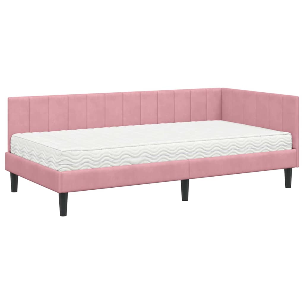 Hjørnesengramme Med Madras Lyserød 90 X 190 Cm Fløjl - Billede 2