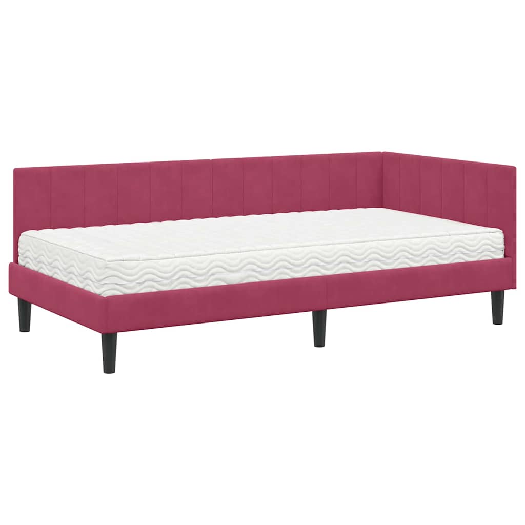 Hjørnesengramme Med Madras Vinrød 90 X 190 Cm Fløjl - Billede 2