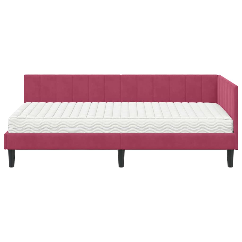 Hjørnesengramme Med Madras Vinrød 90 X 190 Cm Fløjl - Billede 5