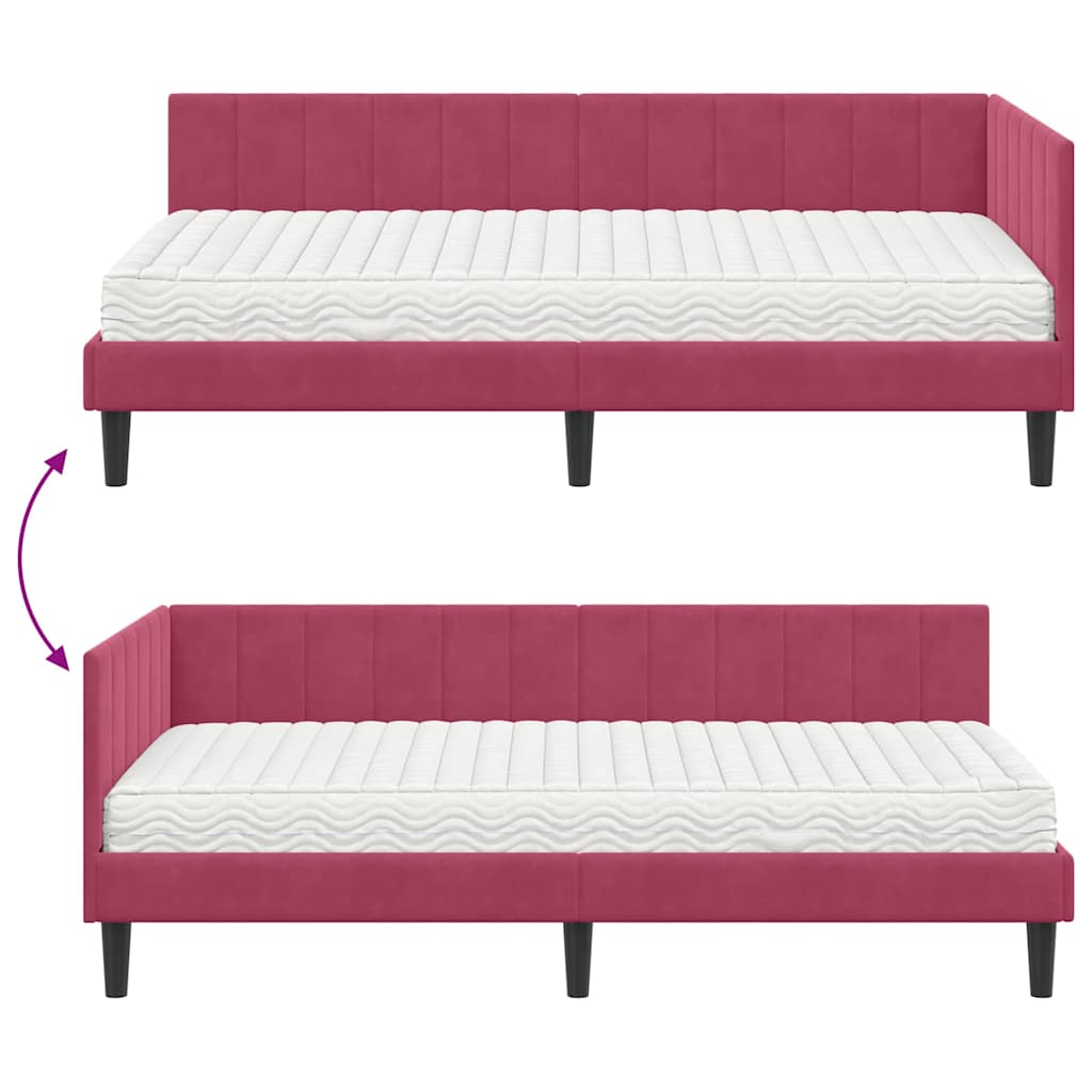 Hjørnesengramme Med Madras Vinrød 90 X 190 Cm Fløjl - Billede 12