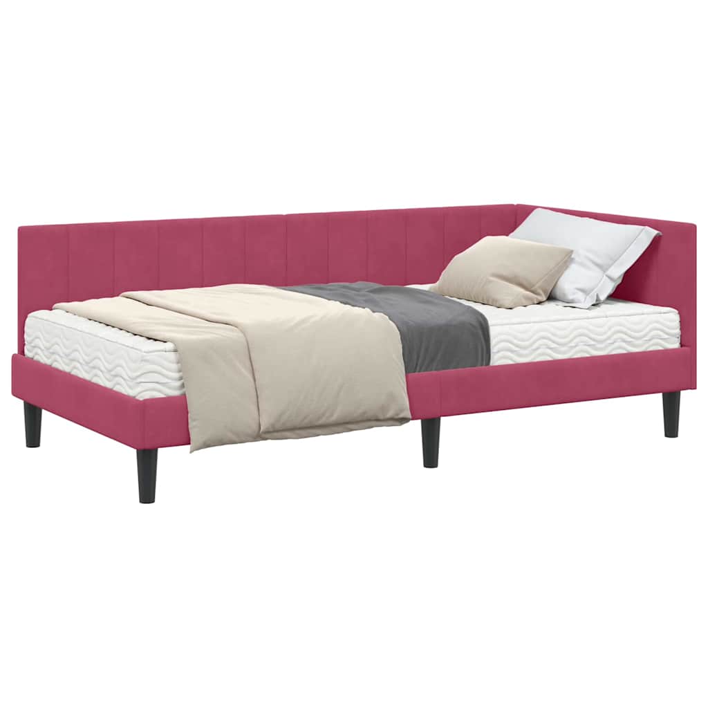 Hjørnesengramme Med Madras Vinrød 90 X 190 Cm Fløjl - Billede 3
