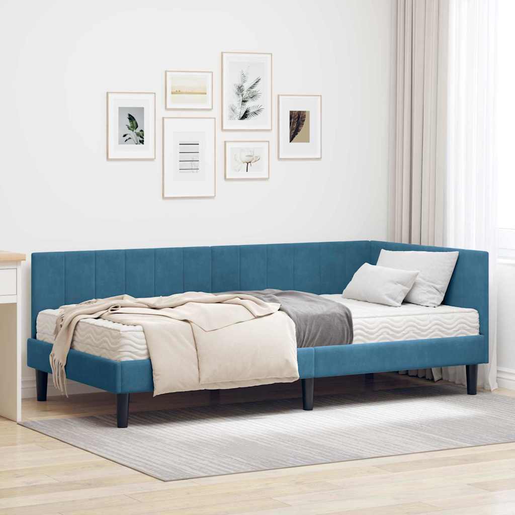 Hjørnesengramme Med Madras Med Hovedgærde Blå 90 X 200 Cm Fløjl - Hovedbillede