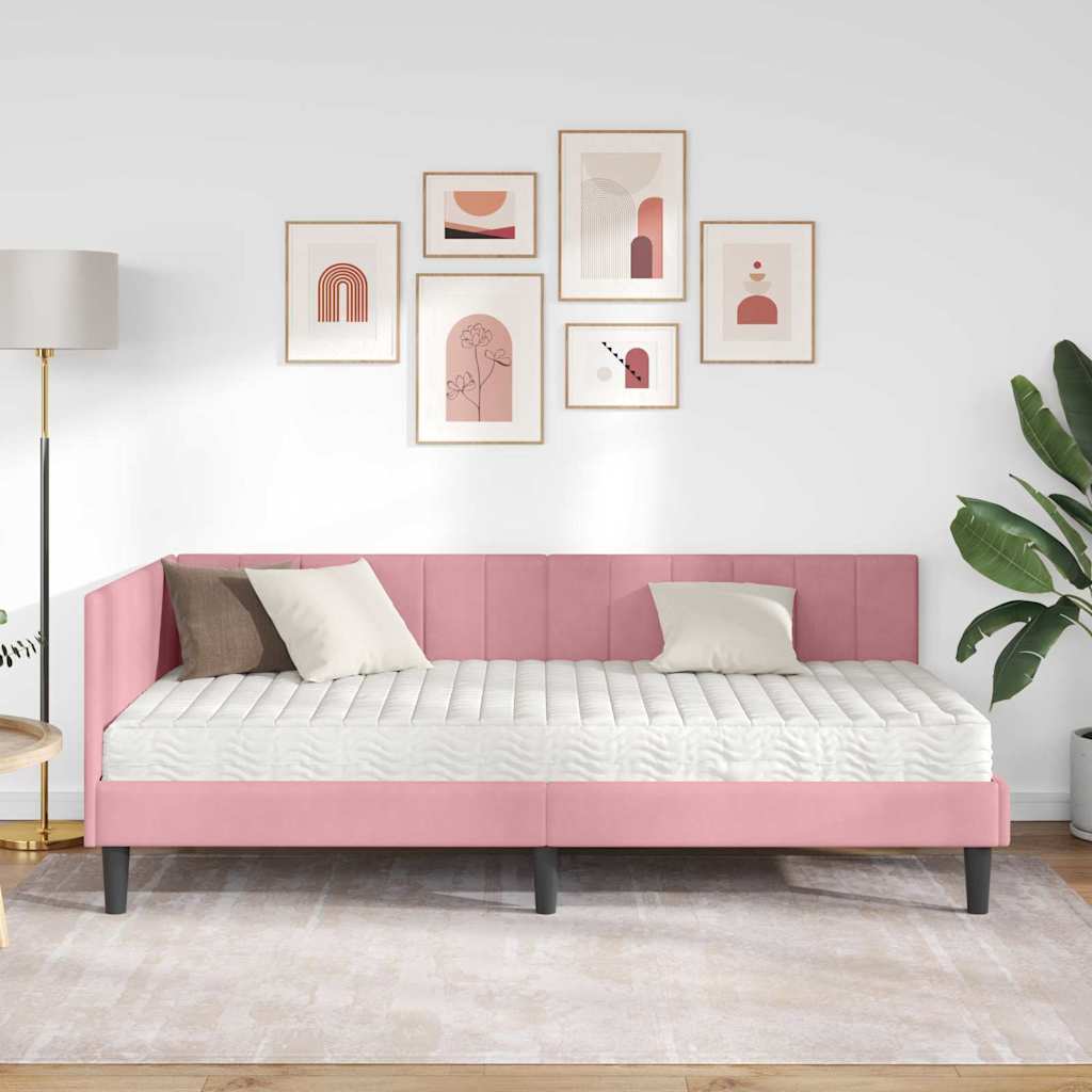 Hjørnesengramme Med Madras Lyserød 90 X 200 Cm Fløjl - Billede 4