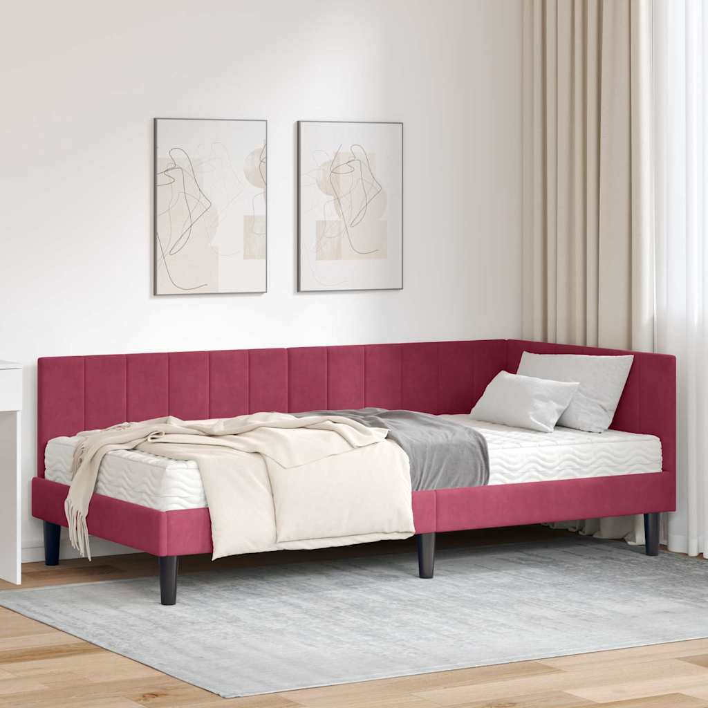 Hjørnesengramme Med Madras Vinrød 90 X 200 Cm Fløjl - Hovedbillede