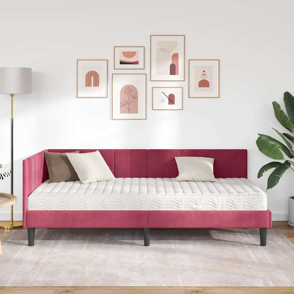 Hjørnesengramme Med Madras Vinrød 90 X 200 Cm Fløjl - Billede 4