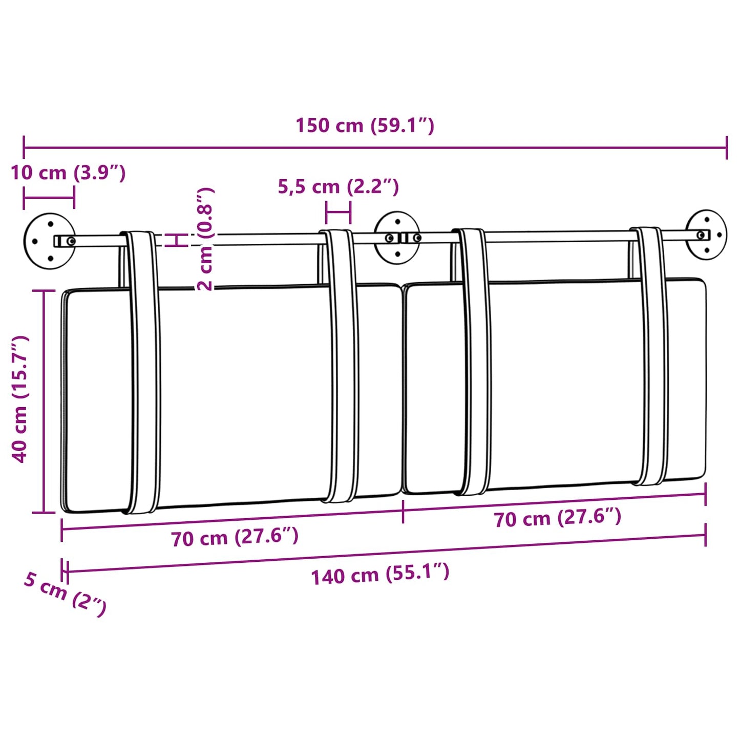 Hængende Hovedgavl Vægmonteret 150 X 55 X 5 Cm Stof - Billede 11