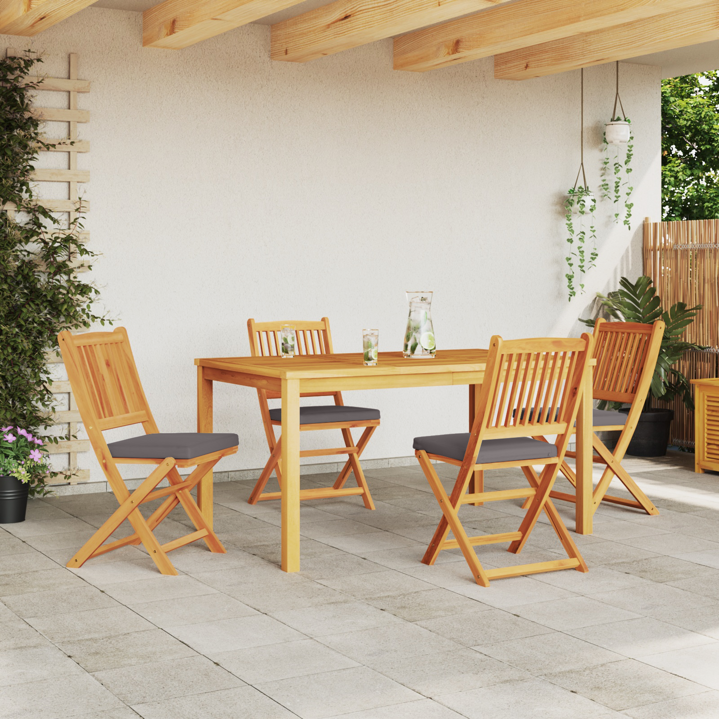 Folding Garden Chairs Med Grå Pude 4 Stk Solid Akacietræ