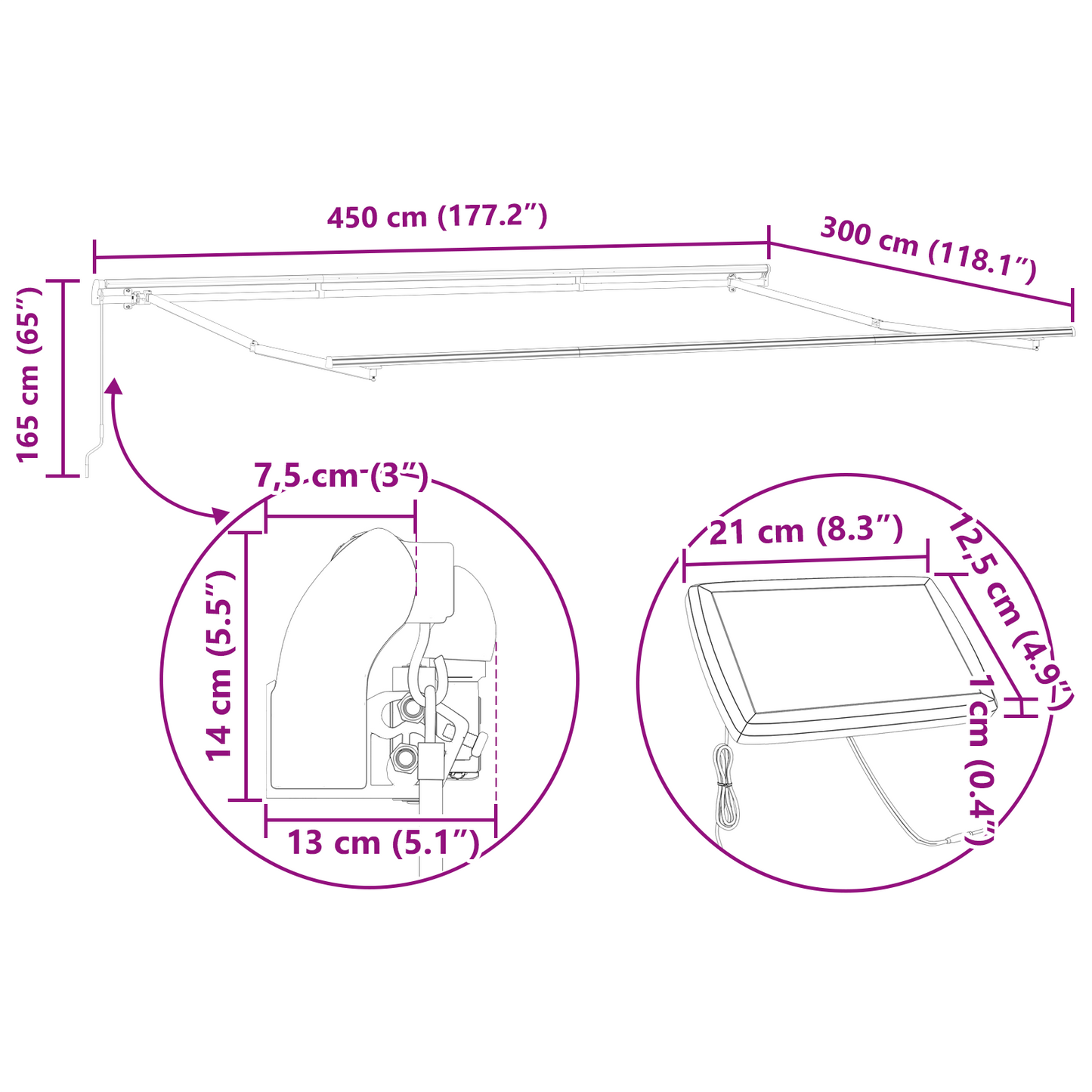 Manuel Udtækkelig Markise med Led Sort 450x300 Cm&&markise Erstatningsstof til 4.5x3 M Ramme Sort - billede 12