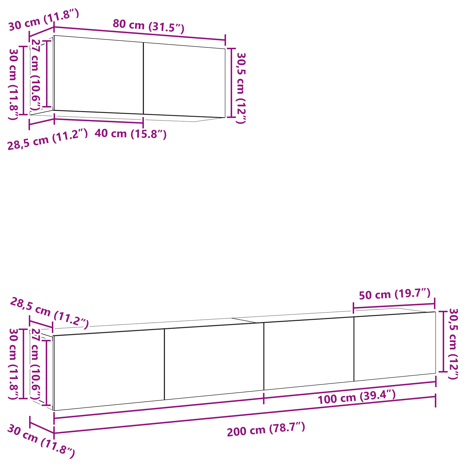 3 Dels Tv Skab Sæt Vægmonteret Sort Egetræ Konstrueret Træ - billede 12
