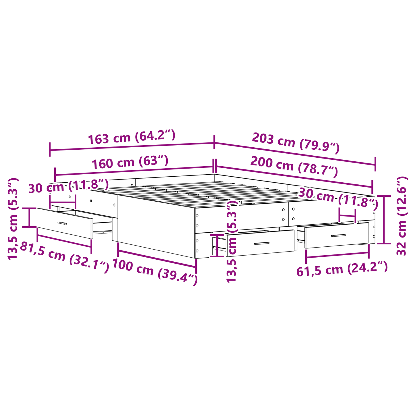 Sengeramme med Skuffer Sort Egetræ Konstrueret Træ 160 X 200 Cm - billede 10