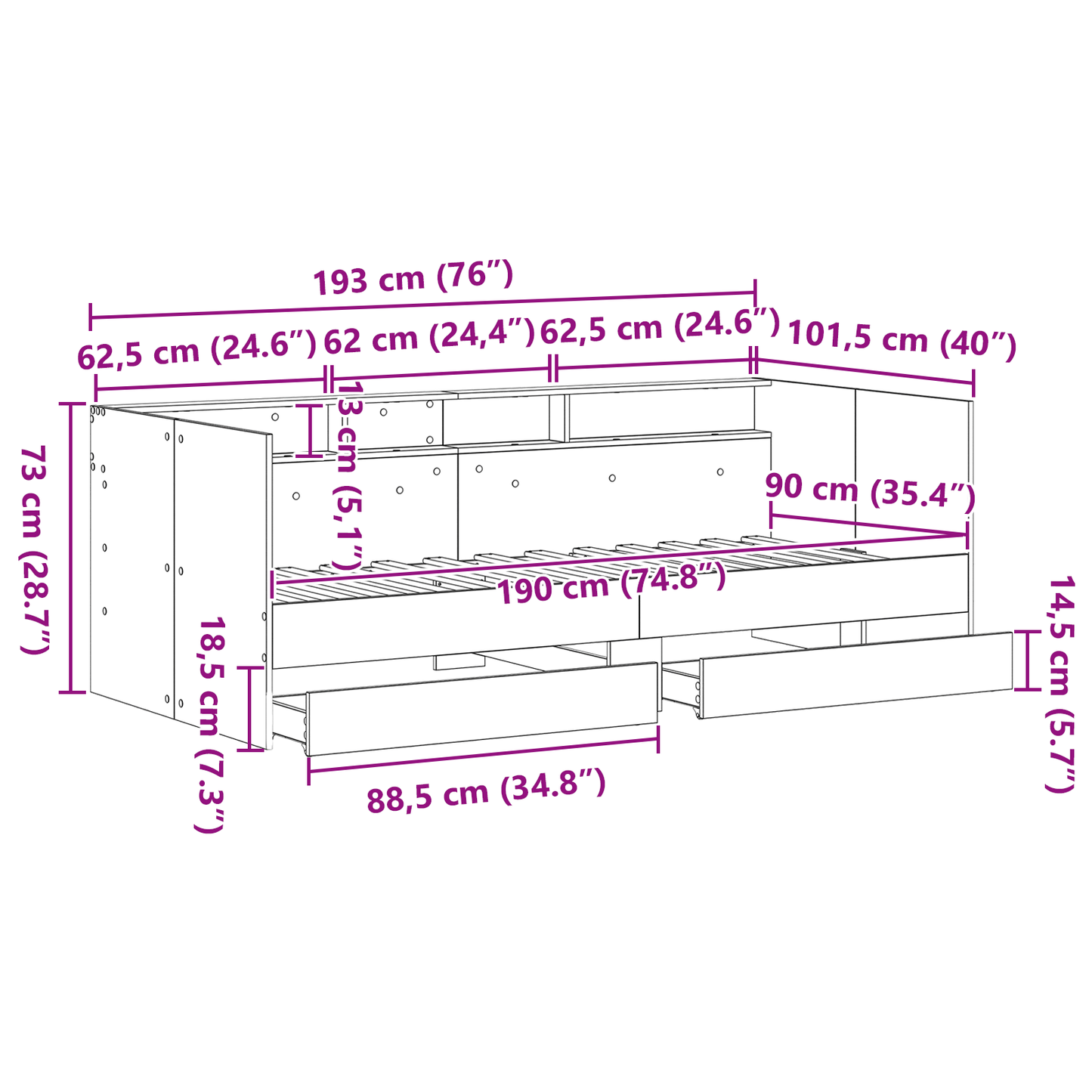 Sovesofa med Skuffer Gamle Træ Konstrueret Træ 90 X 190 Cm Solid - billede 13