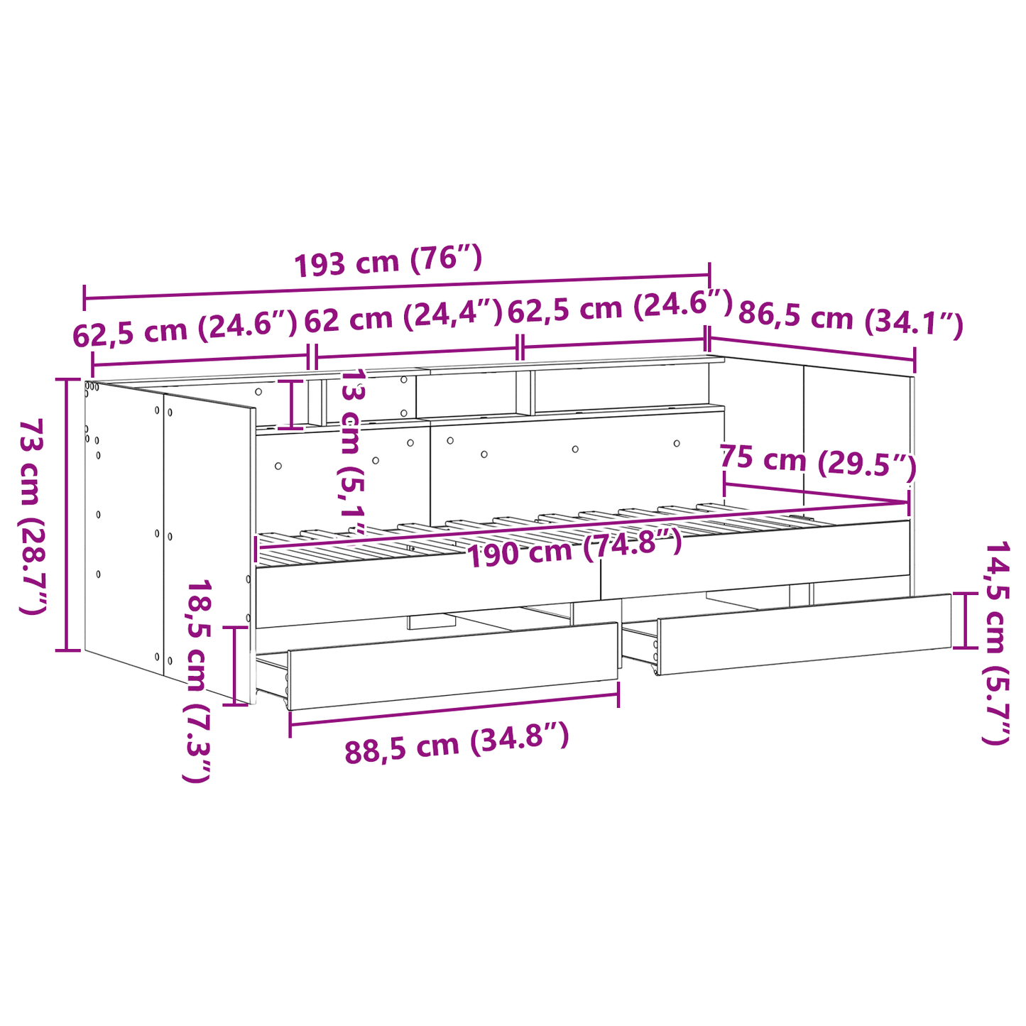 Sort Daybed med Skuffer Sort Eg Konstrueret Træ 75 X 190 Cm - billede 13