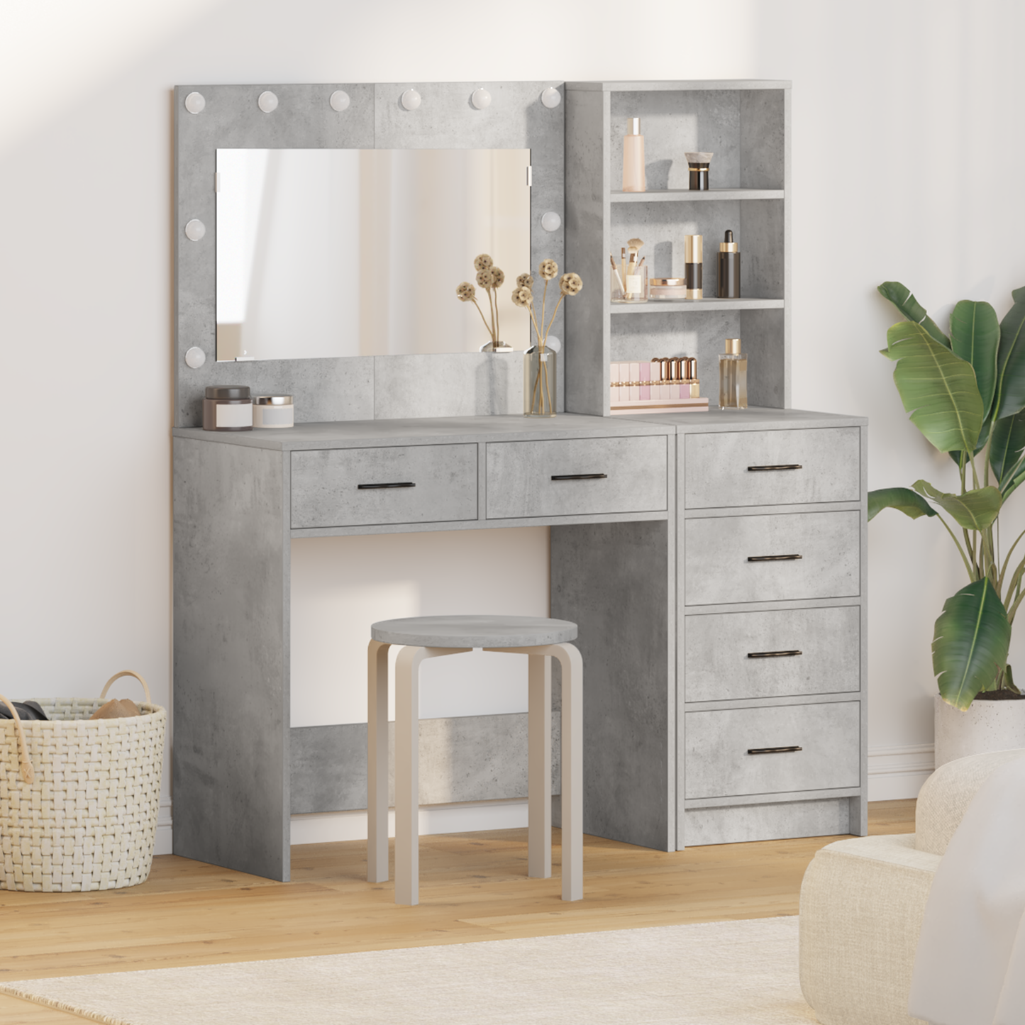 2 Pieces Makeupbord Sæt Med Led Beton Grå Konstrueret Træ