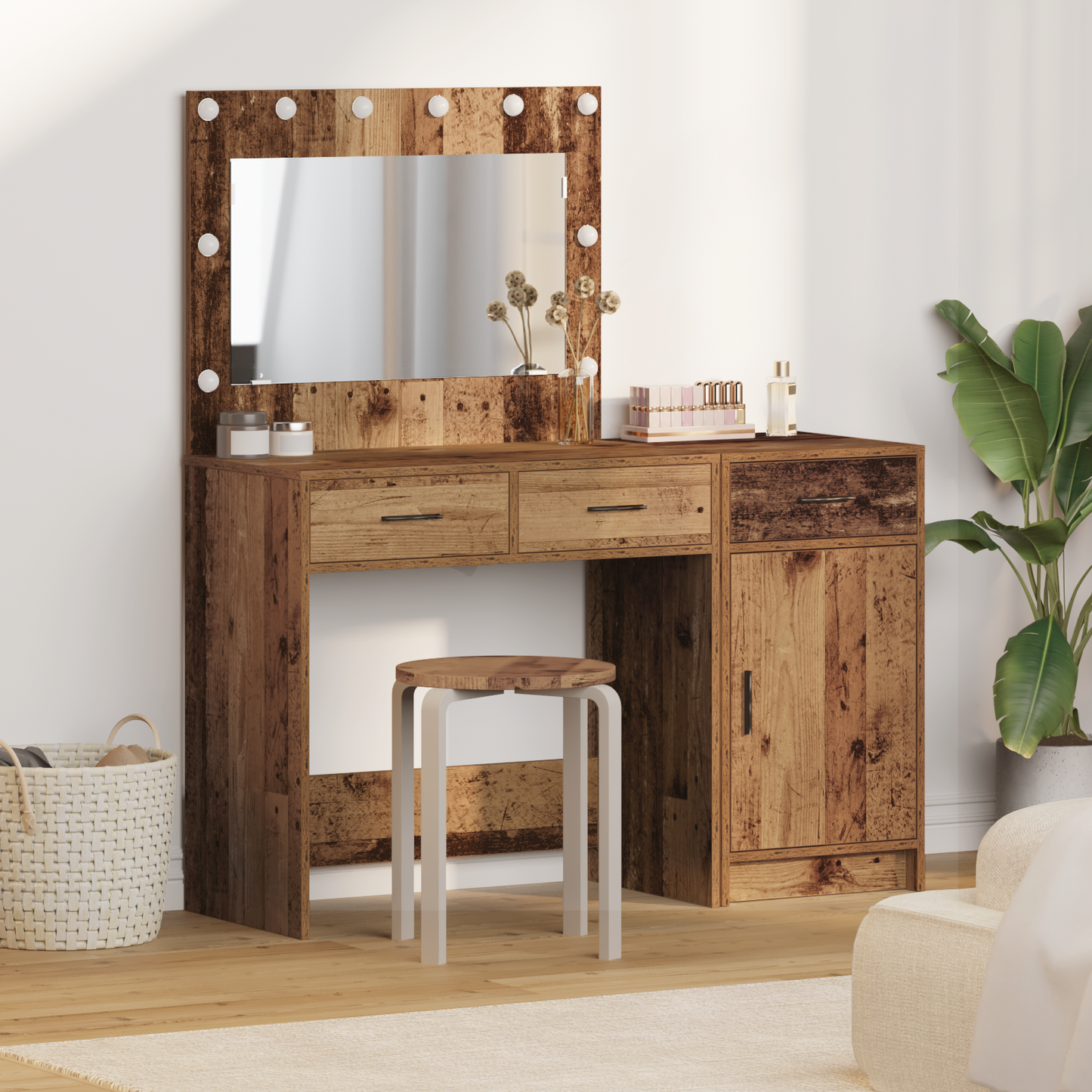 2-Delt Makeupbord Sæt Med Led I Gammel Træ