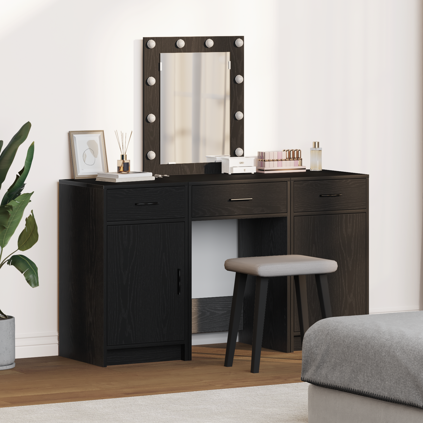3-Delt Makebord Med Led Sort Konstrueret Træ