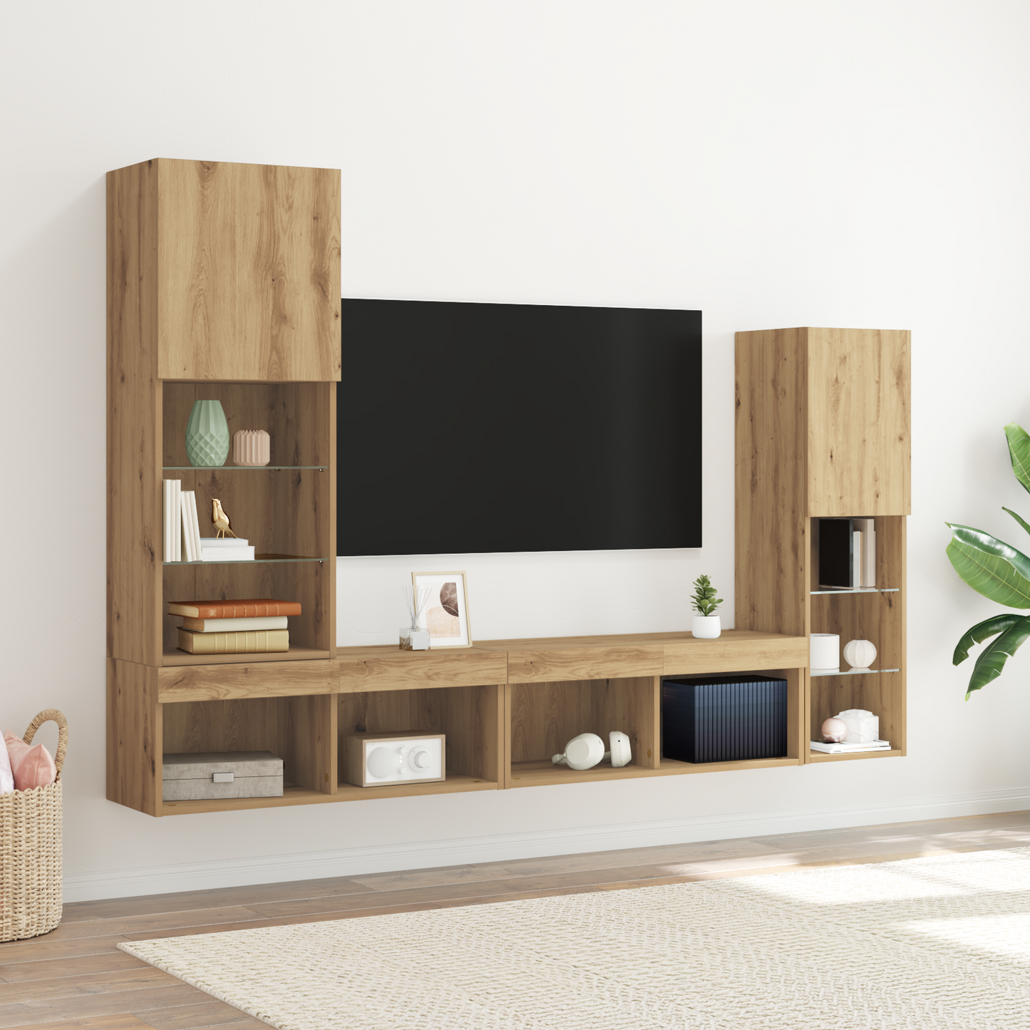 Tv Skab med Led Lys Artisan Eg 40.5x30x102 Cm&&tv Væghylder med Led Lys 2 Stk Artisan Eg 80x30x30 Cm - hovedbillede