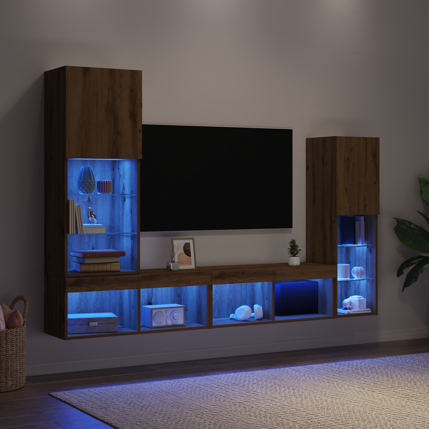 Tv Skab med Led Lys Artisan Eg 40.5x30x102 Cm&&tv Væghylder med Led Lys 2 Stk Artisan Eg 80x30x30 Cm - billede 5