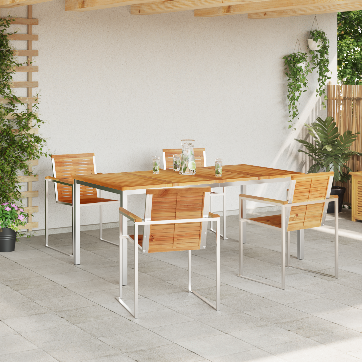 5 Deles Have Spisesæt i Solid Teak&&udendørs Spisebord 180x90x75 Cm Solid Teak - billede 4
