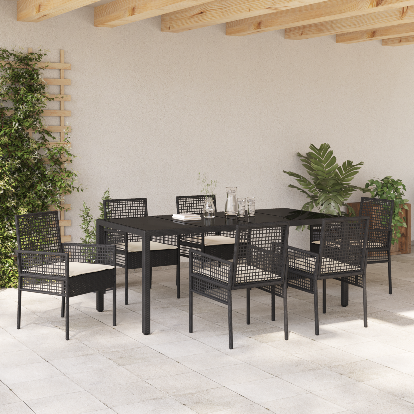 7 Delt Have Spisebord Sæt Med Puder Sort Poly Rattan