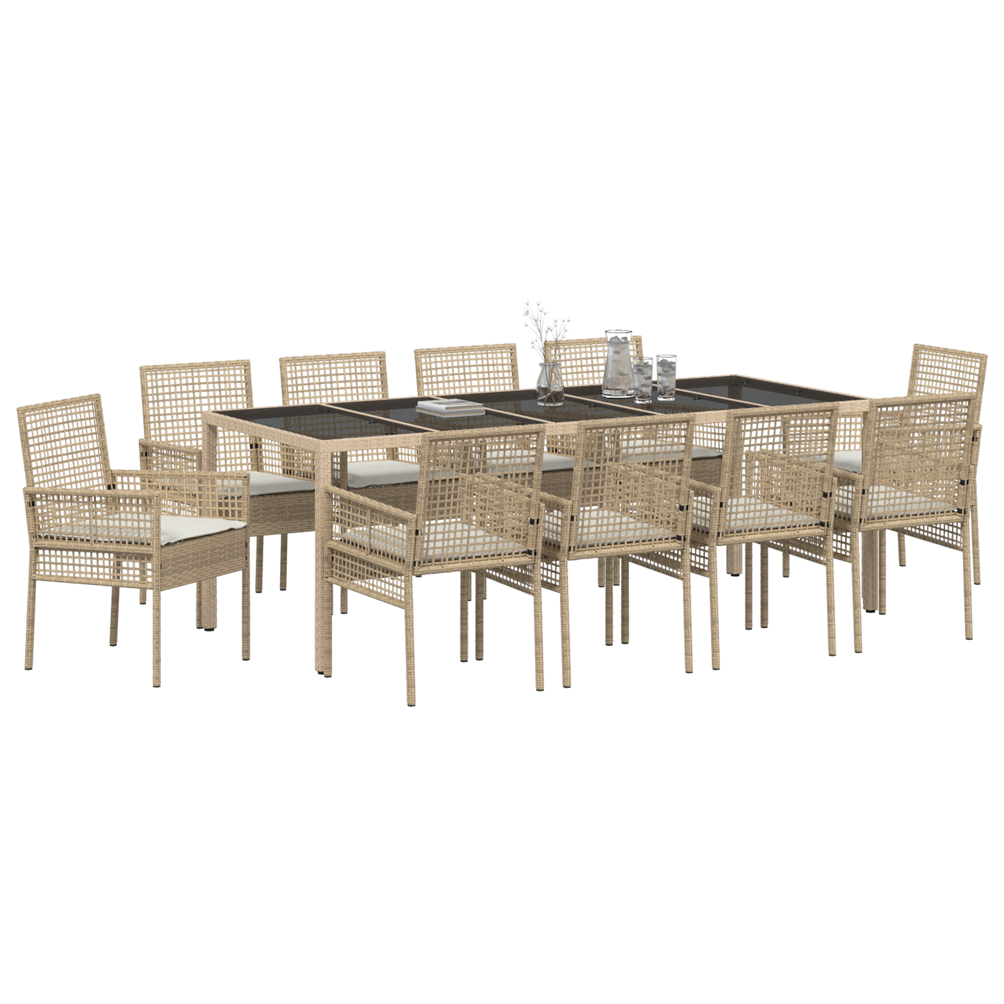 11 Piece Have Spisestue Sæt Med Puder Beige Poly Rattan