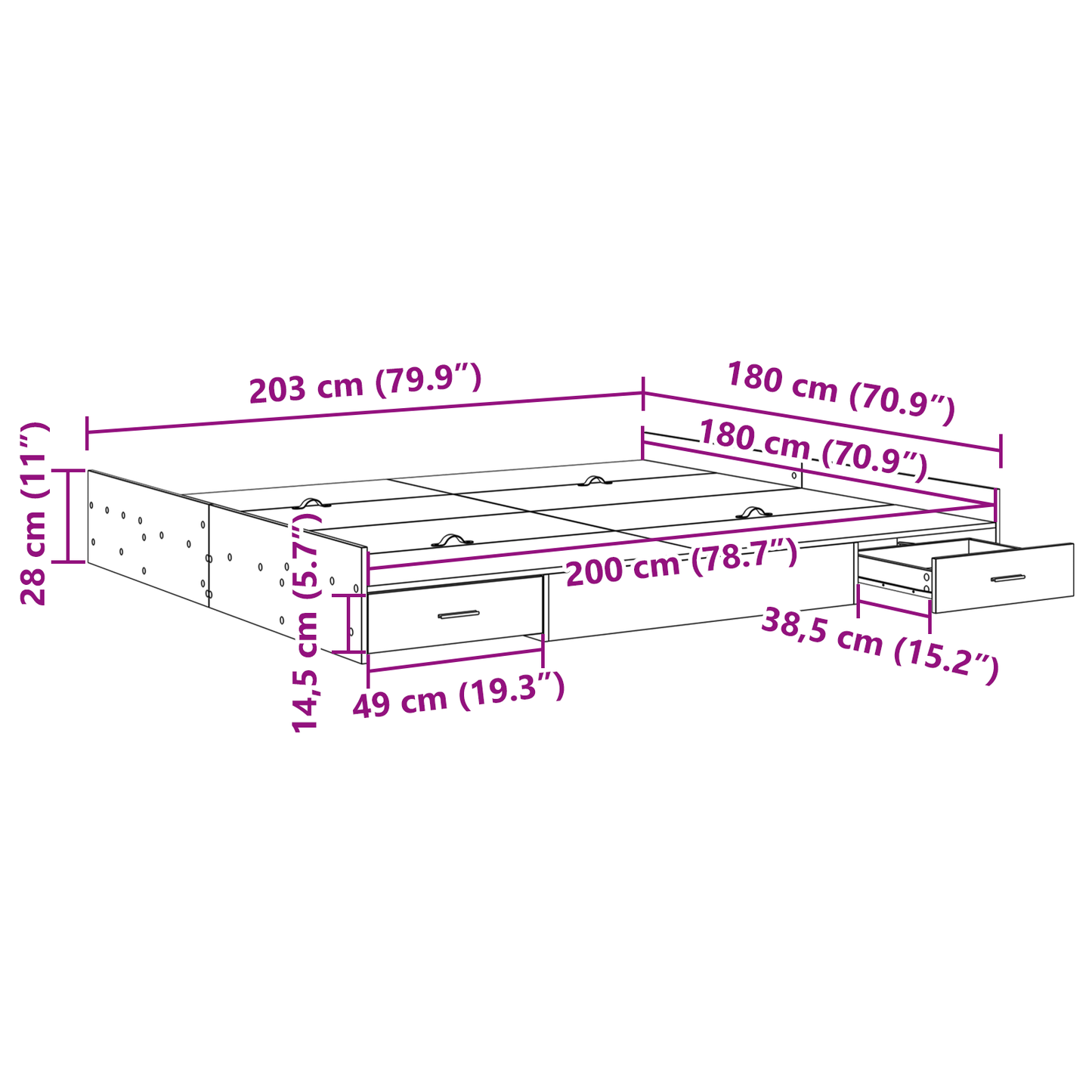 Seng med Opbevaring med Skuffe med Hovedgærde med Opbevaring Sonoma-eg 180 X 200 Cm - billede 10
