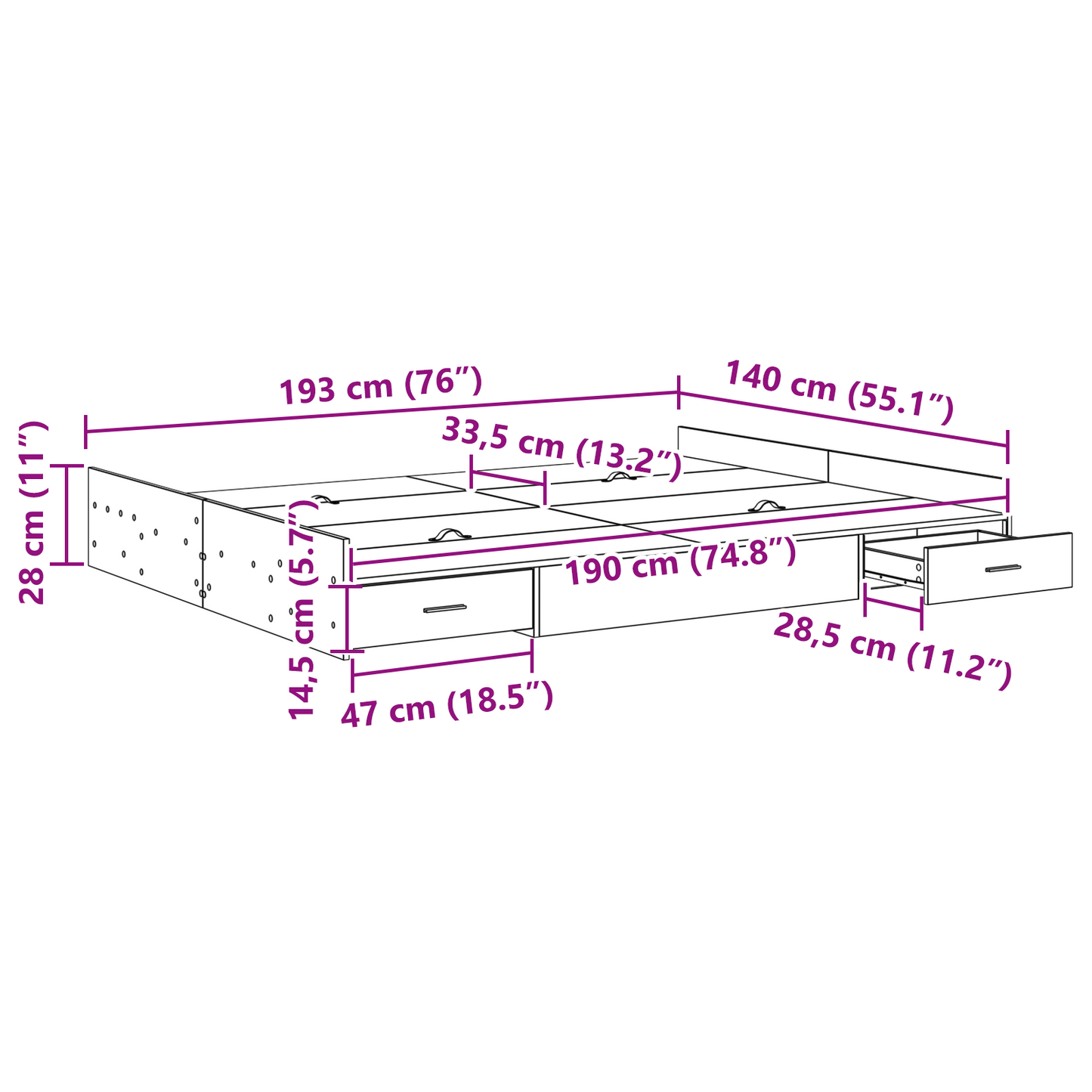 Seng med Opbevaring med Skuffe Hvid 140 X 190 Cm Melaminplade - billede 10