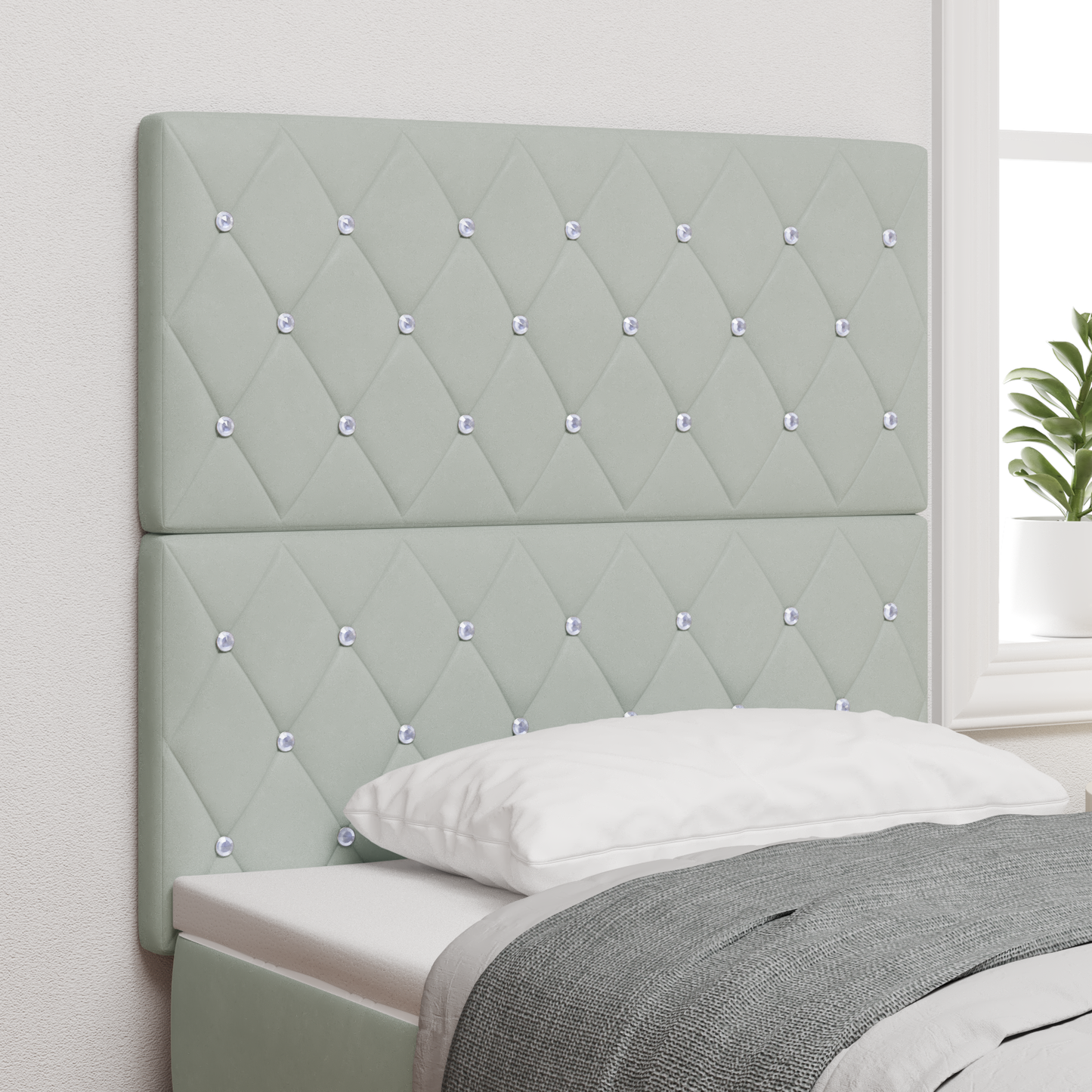 Sengegavl med Krystalknap, Tufted i Lysegrå Velvet, 100 Cm - hovedbillede