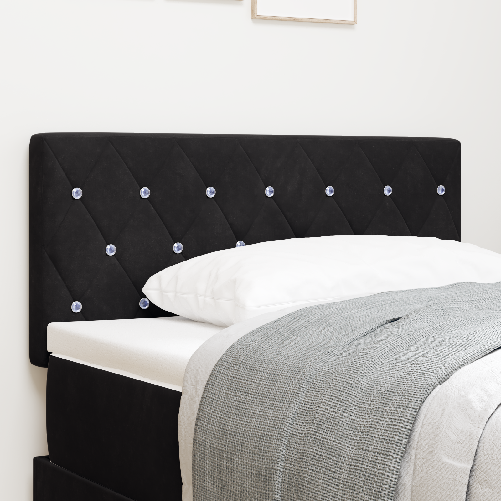 Led Hovedgærde med Krystal Knapper, Pufsort 90 Cm, Velvet - hovedbillede