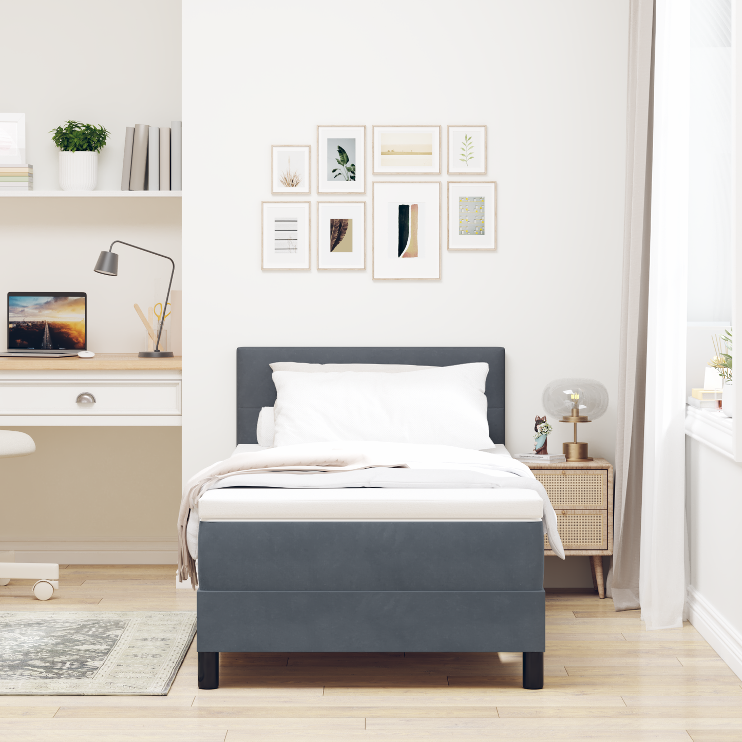 Boxspring Seng Med Madras Mørkegrå Enkelt Fløjl