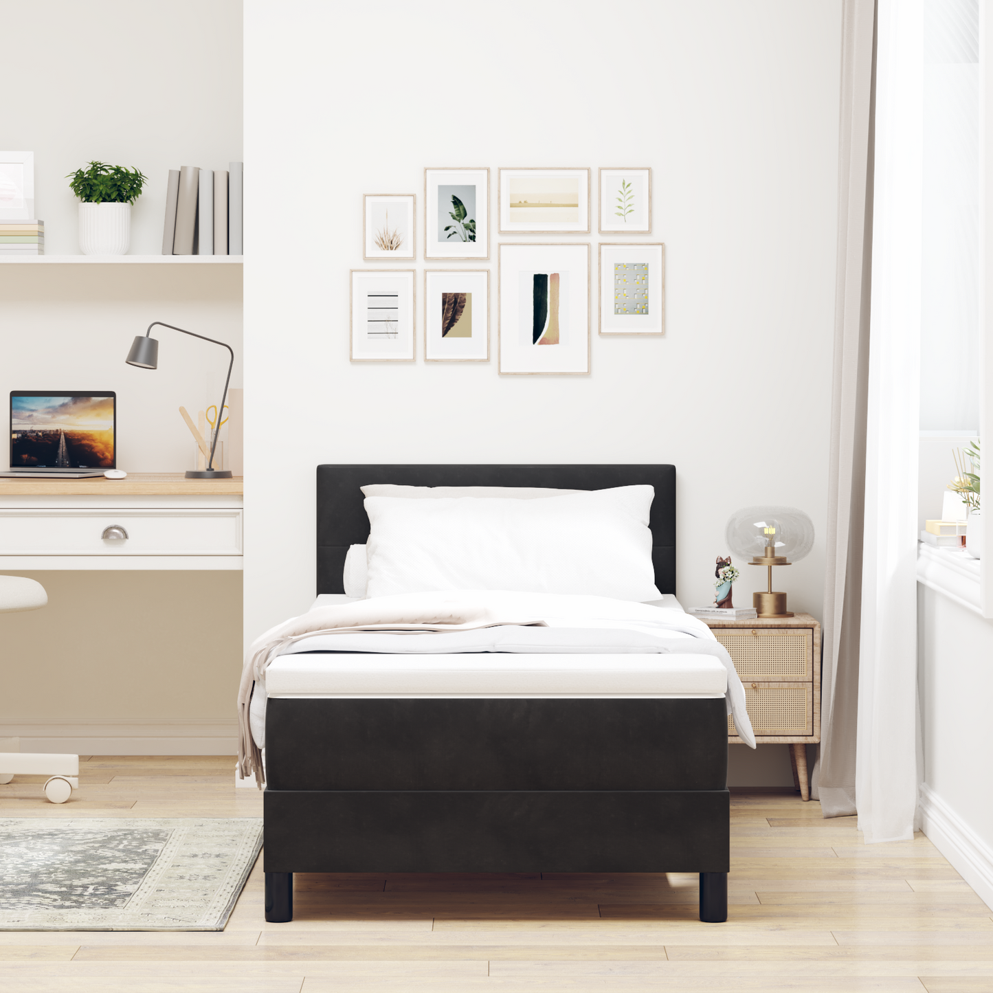 Box Spring Bed Med Madras Sort Enkelt Fløjl