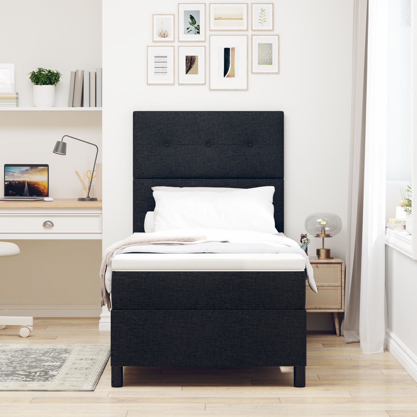 Box Spring Seng Med Madras Sort 100 X 200 Cm Stof