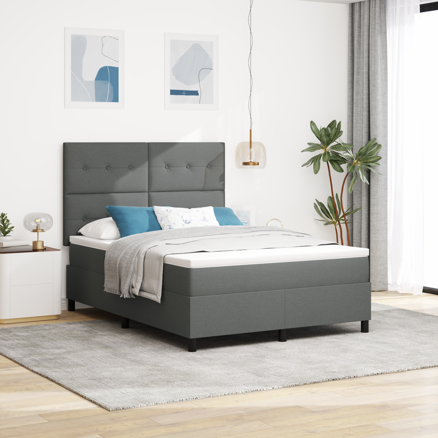 Box Spring Seng Med Madras Mørkegrå 160 X 200 Cm Stof