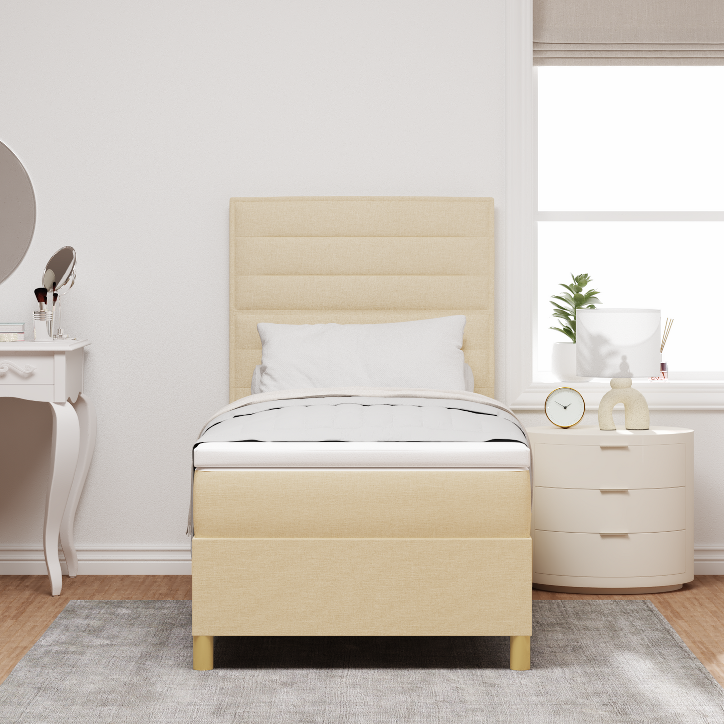 Box Spring Seng Med Hovedgærde Creme 100 X 200 Cm Stof