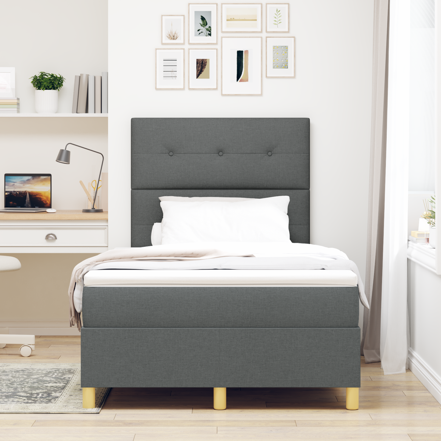 Box Spring Seng Med Hovedgærde Mørkegrå 120 X 200 Cm Stof