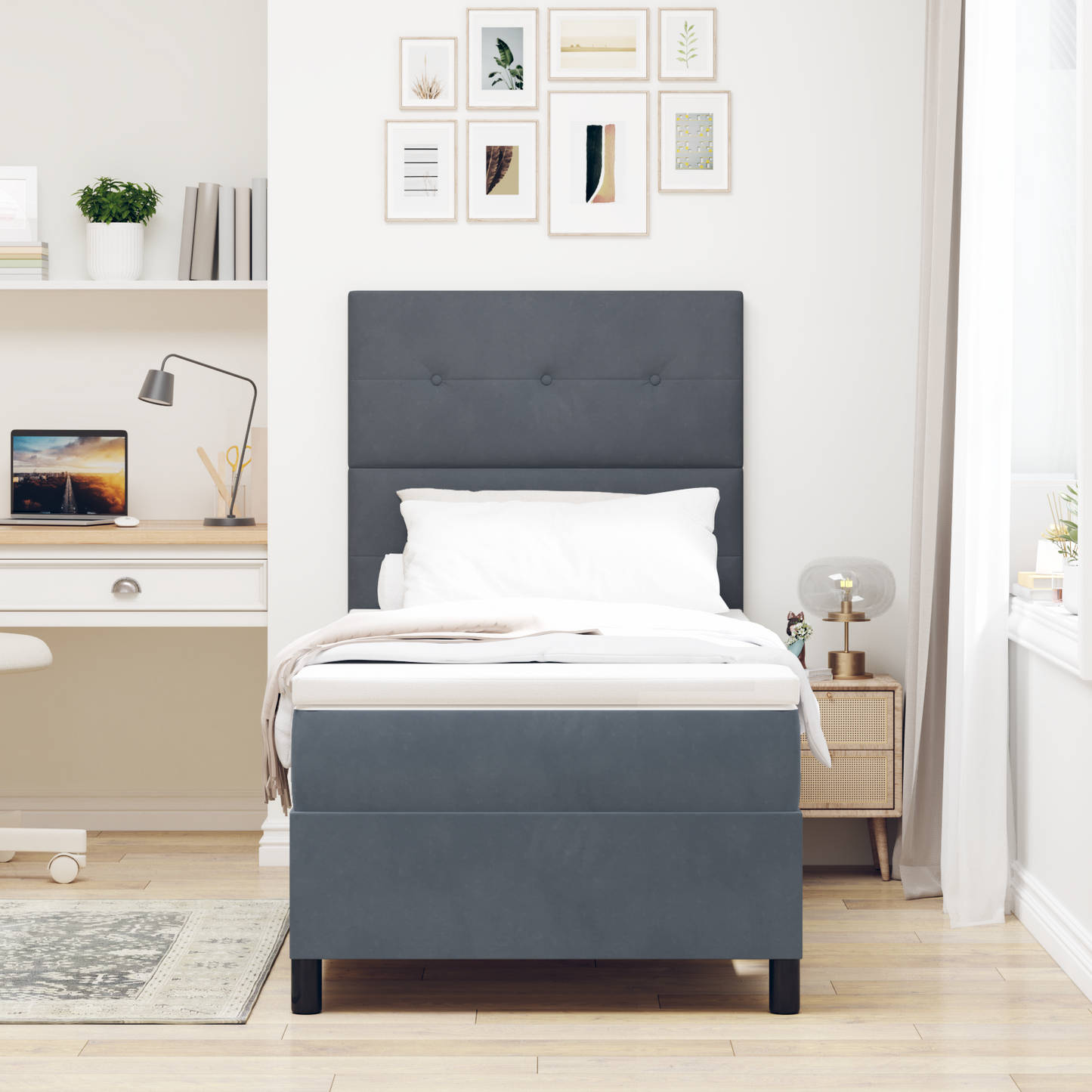 Box Spring Seng Med Madras Mørkegrå Enkelt Fløjl
