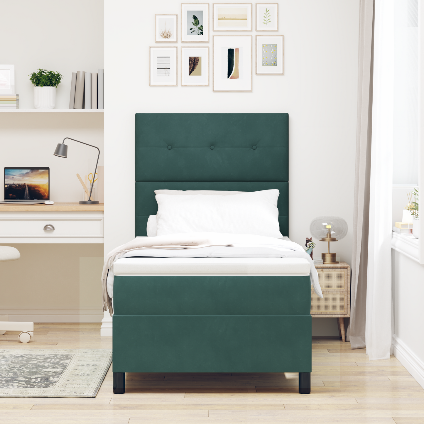 Box Spring Seng Med Madras Mørkegrøn Enkelt Fløjlsblød