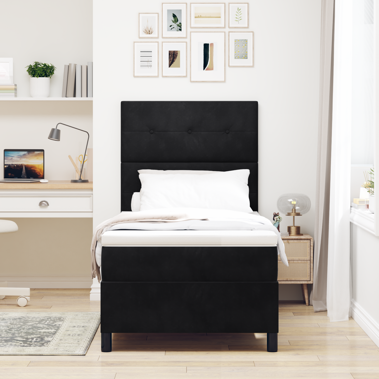 Box Spring Seng Med Madras Sort 100 X 200 Cm Fløjl