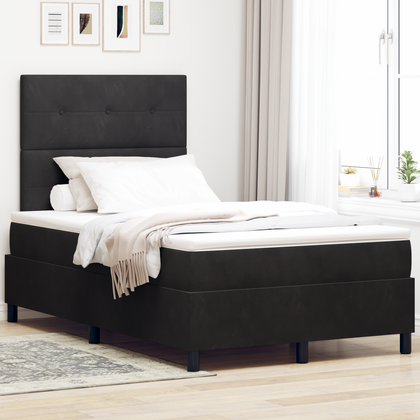 Box Spring Seng Med Madras Sort 120 X 200 Cm Fløjl