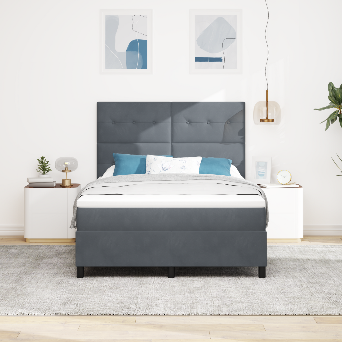 Box Spring Seng Med Madras Mørkegrå 140 X 200 Cm Fløjl