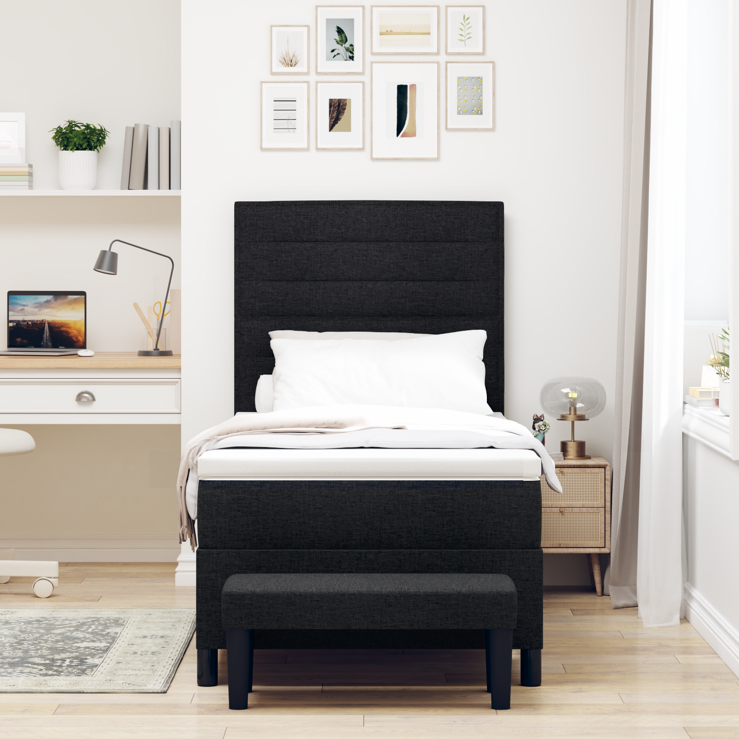 Box Spring Seng Med Madras Sort 100 X 200 Cm Stof