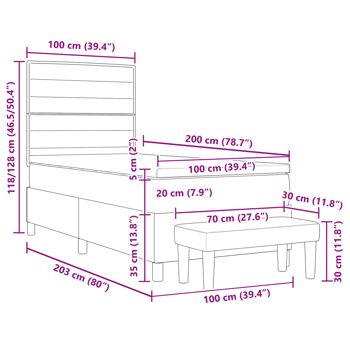 Box Spring Seng Med Madras Sort 100 X 200 Cm Stof