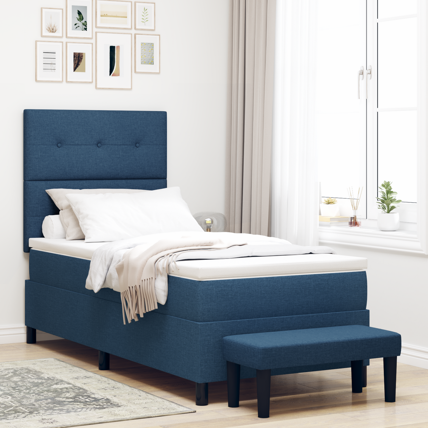 Box Spring Seng Med Madras Med Hovedgærde Blå 90 X 200 Cm Stof
