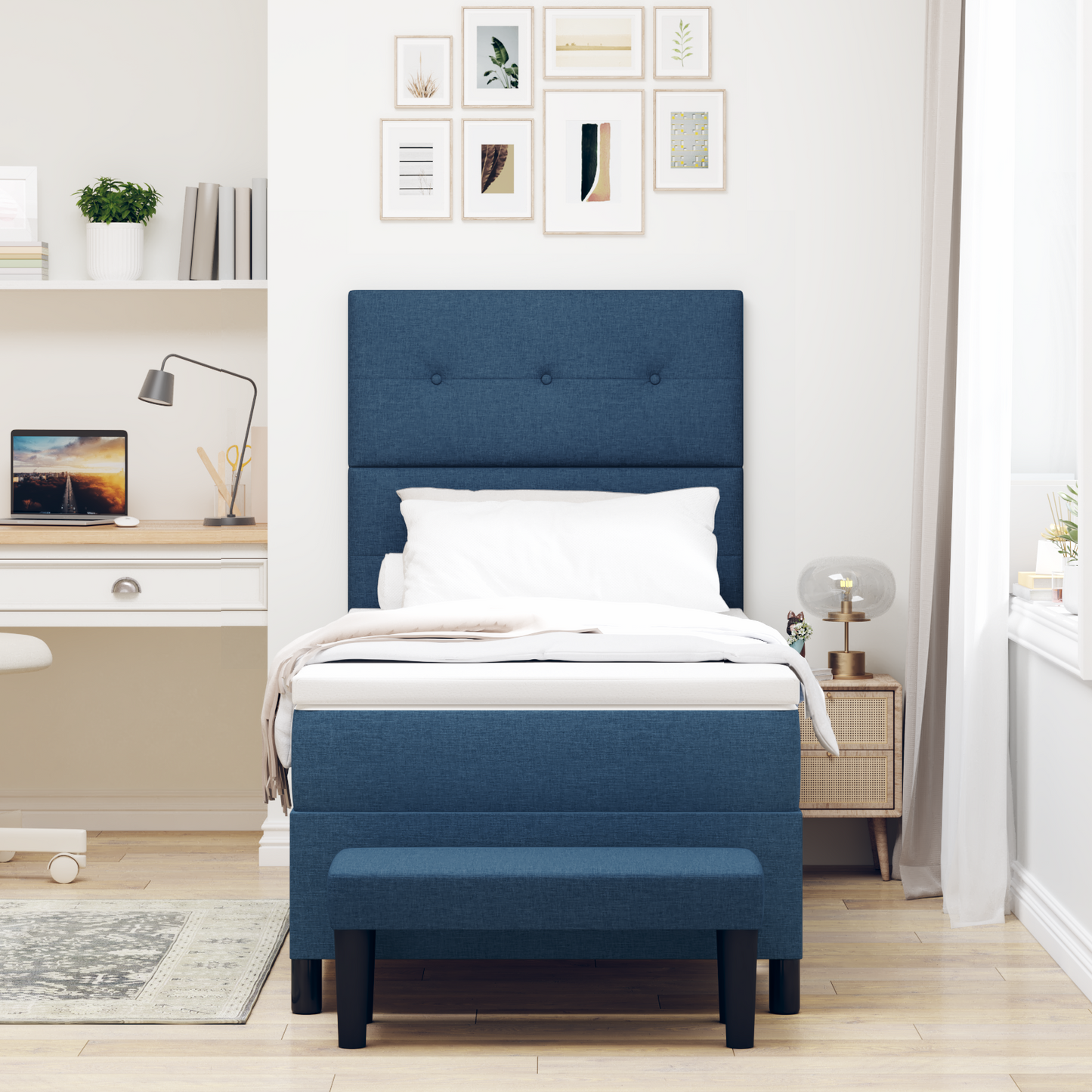 Box Spring Seng Med Madras Med Hovedgærde Blå 90 X 200 Cm Stof