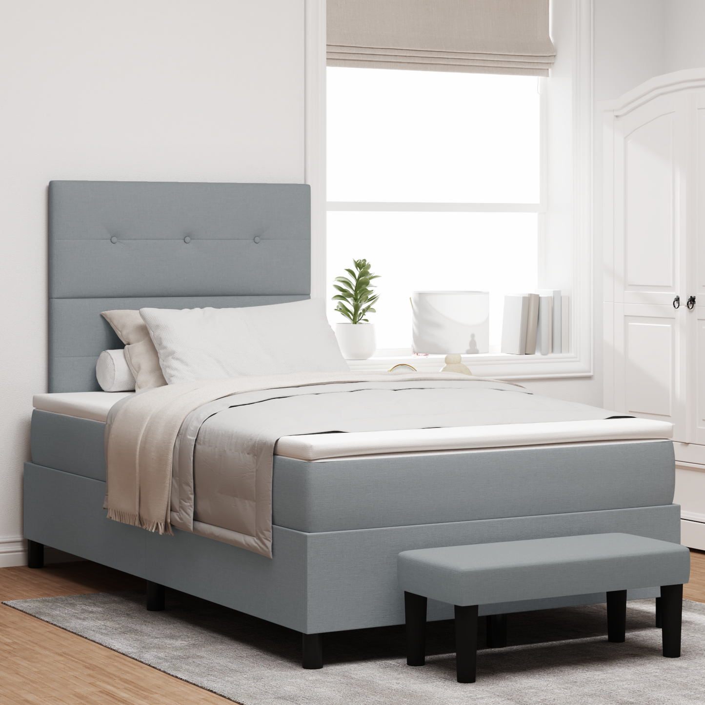 Box Spring Seng Med Madras & Bænk Lys Grå 120X200 Cm Stof