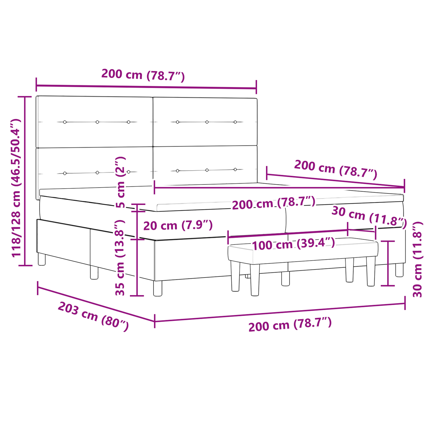 Box Spring Seng Med Madras Sort 200 X 200 Cm Stof